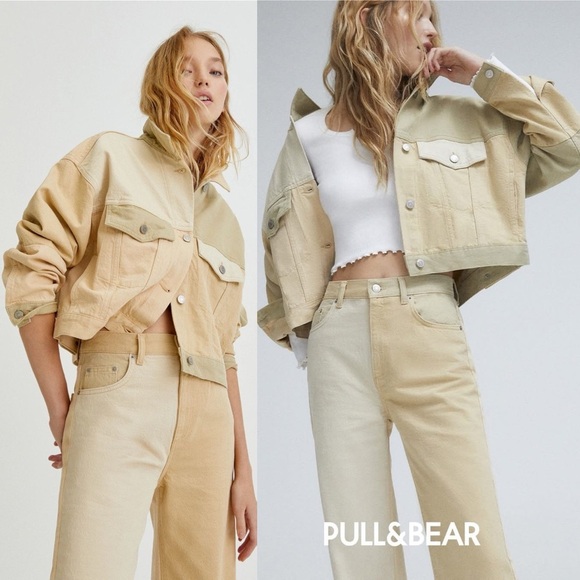 Jacket sand-colored patchwork denim by Pull & Bear, Size S, new with tag - Picture 1 of 16